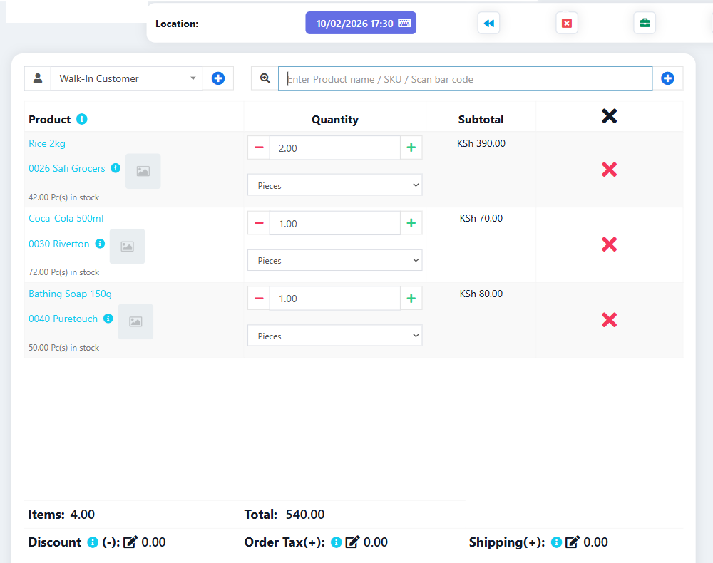 NeoInfosoft POS sales screen showing products, quantities and order total